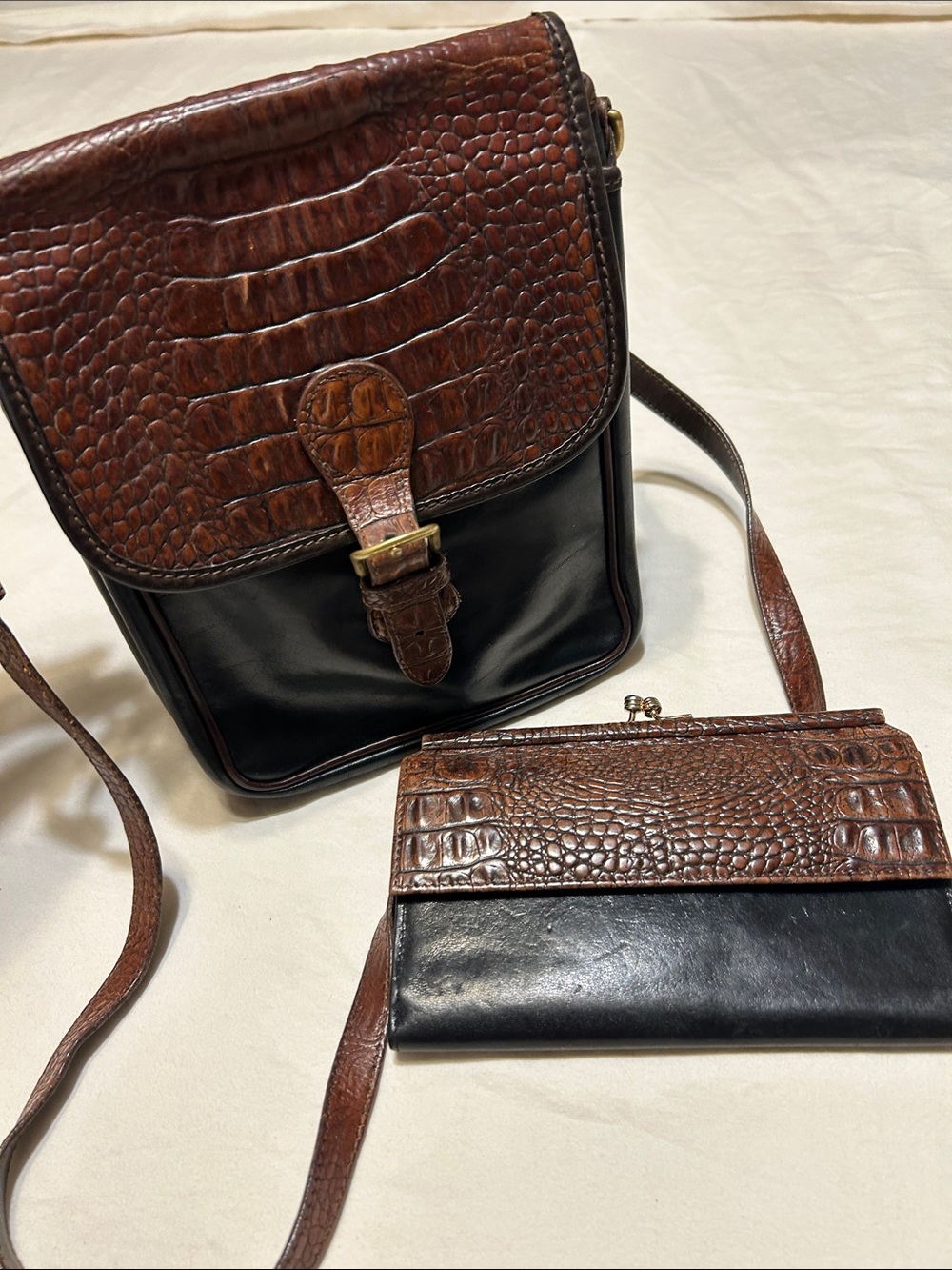 Brahmin Brown and Black Croc-Embossed Leather Crossbody with Matching Wallet